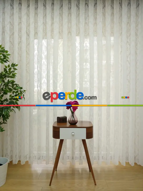 Kdk Örme Dantel Damask Desenli Tül Perde - Krem - Ekru