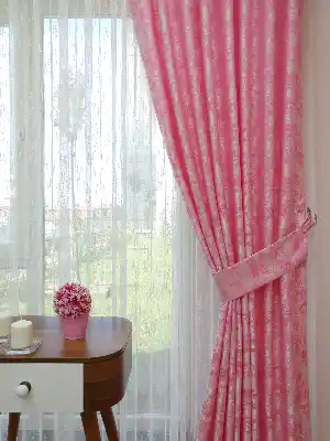 Patinedesenli Pembe - Katyonik Jakar Fon Perde- Pembe