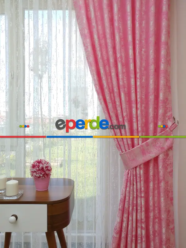 Patinedesenli Pembe - Katyonik Jakar Fon Perde- Pembe