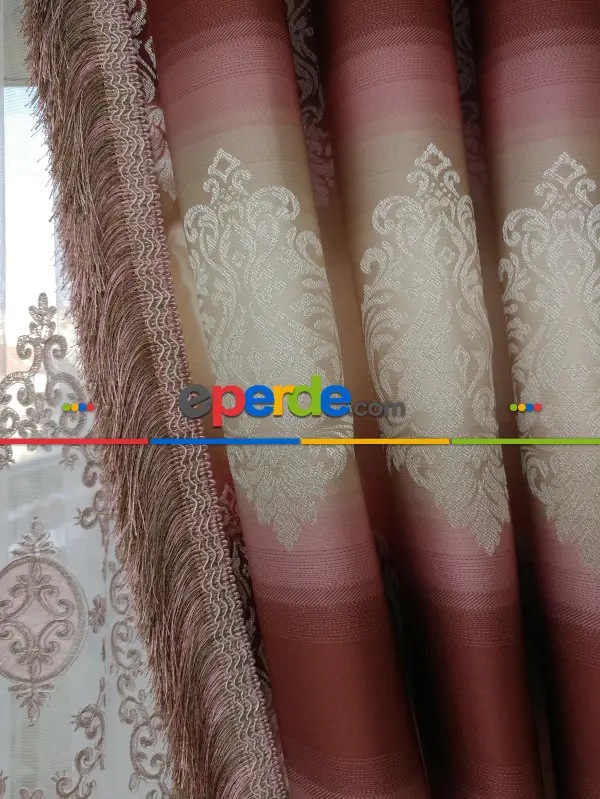 Renk Geçişli Jakar Desenli Salon Fon Perdesi - Pembe - Kiremit - Bej ( Kendinden Saçaklı)- Bej-pembe-kiremit Rengi
