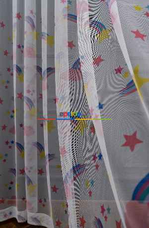 Hazır Ölçülü Petek Zemin Mavi Ve Yeşil Renkli Gökkuşağı Desenli Grek Baskılı Tül Perde