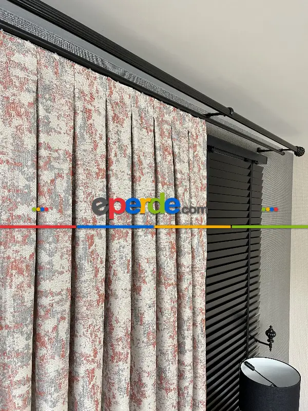 Patine Desenli Bej Kiremit Desenli Jakar Fon Perde (285 En)- Gri-füme-antrasit-kiremit Rengi