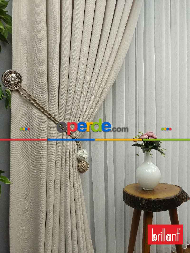 Brillant Keten Krem Açık Renk Düz Fon Perde - Krem Açık