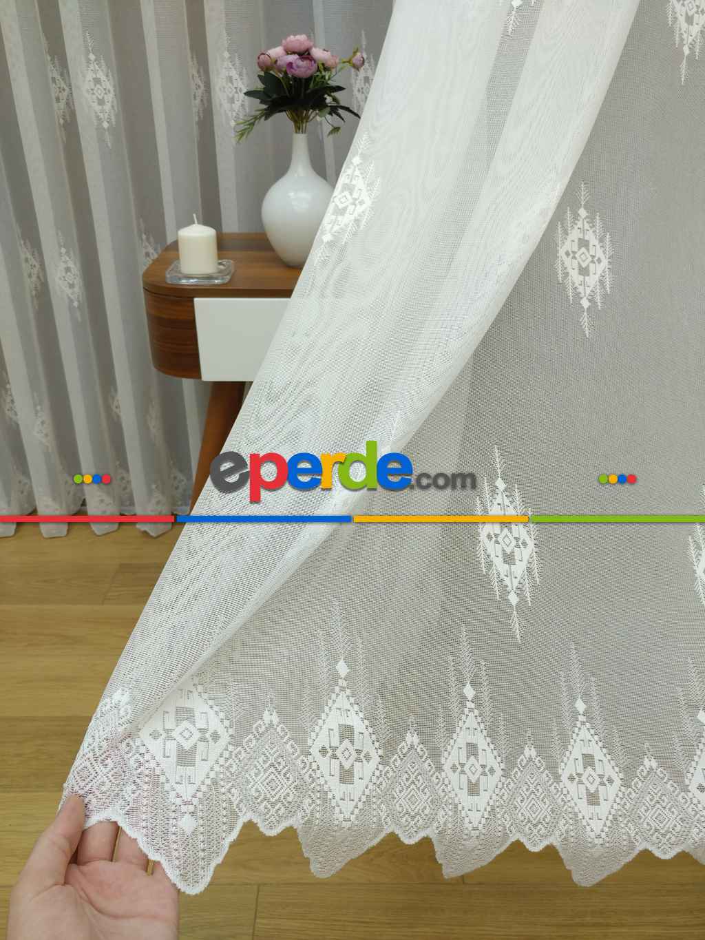 Ekru Serpme Kilim Desenli Özel Örme Dokulu Tül Perde- Ekru