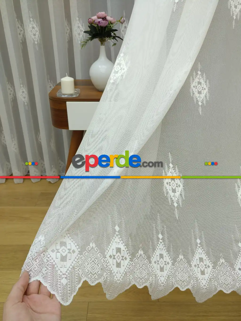 Ekru Serpme Kilim Desenli Özel Örme Dokulu Tül Perde- Ekru