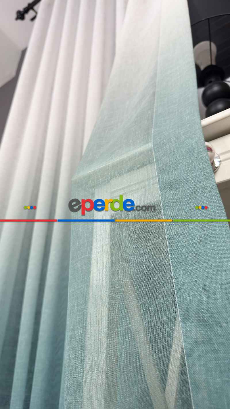 Keten Ekru Yeşil Degrade Geçişli Tül Perde, Ağır Gramajlı Premium Seri, Eteği Kurşunlu