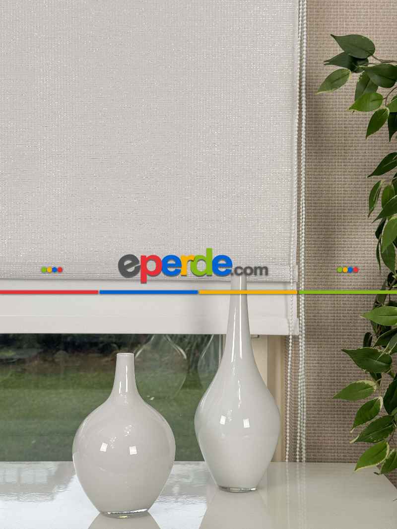 Ekru Gümüş Simli Çiftli Sistem Tül Stor Perde, Standart Metal Kasalı Yüksek Kalite Kornişe Kolay Montaj Seçenekli