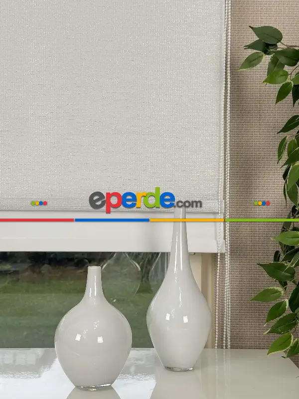 Ekru Gümüş Simli Çiftli Sistem Tül Stor Perde, Standart Metal Kasalı Yüksek Kalite Kornişe Kolay Montaj Seçenekli