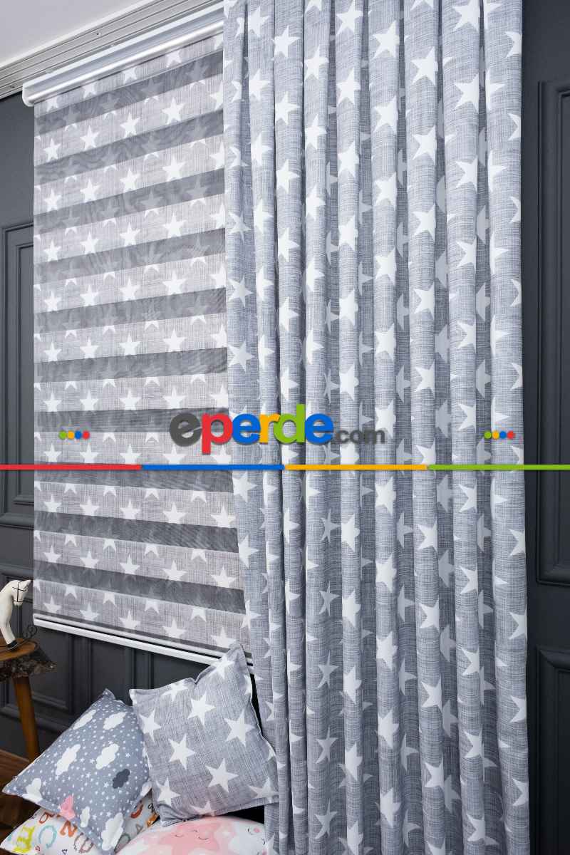 Kız ve Erkek Çocuk Odası Fon Perde - Gri Beyaz