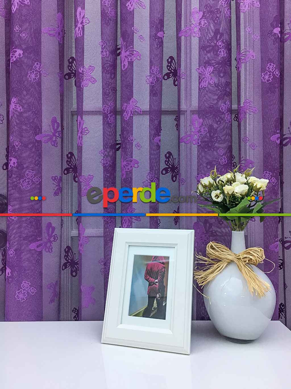 Kelebek Desenli Kız Çocuk Odası İçin Tül Perde - Mor- Mor