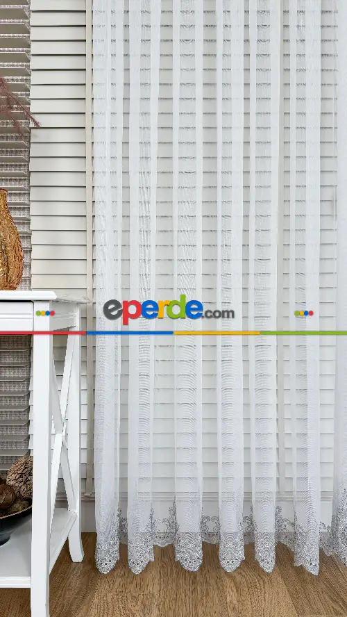 Ekru Etek Ucu Özel İplik Gri Damask Brode İşlemeli Tül Perde - Ağır Gramajlı Premium Nakışlı