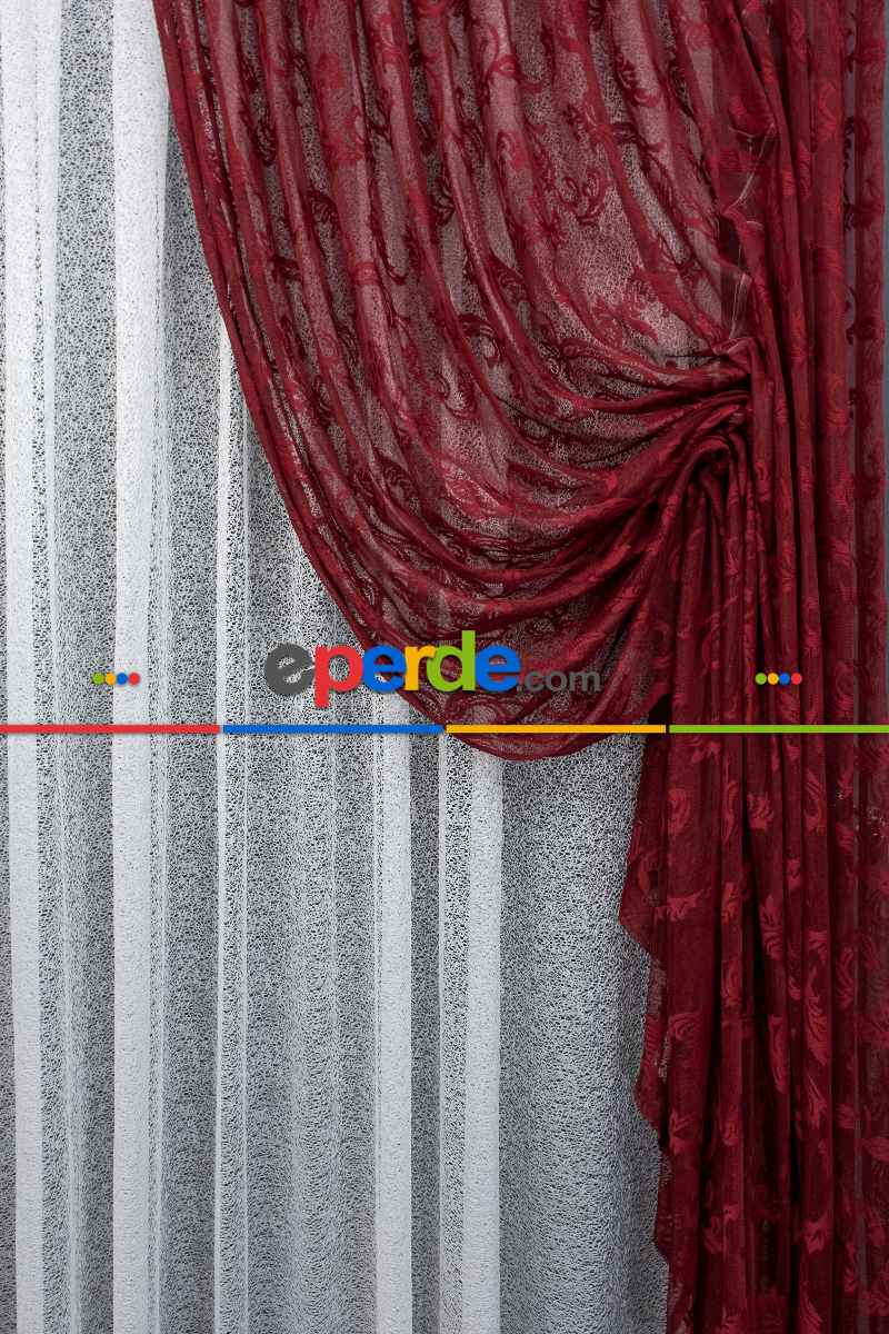 Tül Fon Koyu Renk Bordo Büzgülü Tasarım Fon Perde- Bordo 70cm X 275cm 