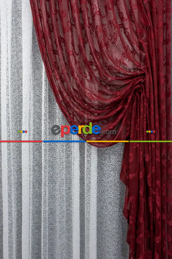 Tül Fon Koyu Renk Bordo Büzgülü Tasarım Fon Perde- Bordo 70cm X 275cm 