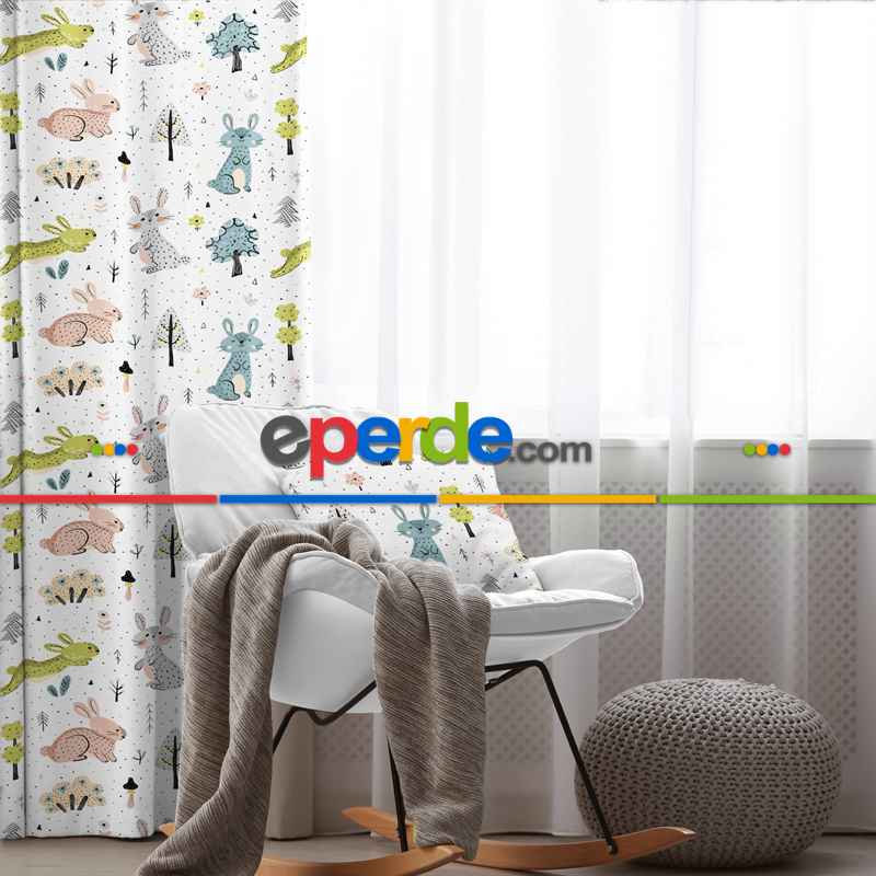 Hayvan Desenli Fon Perde Evim822 Kumaşı Kalındır Duck Bezi Değildir- Mavi-beyaz