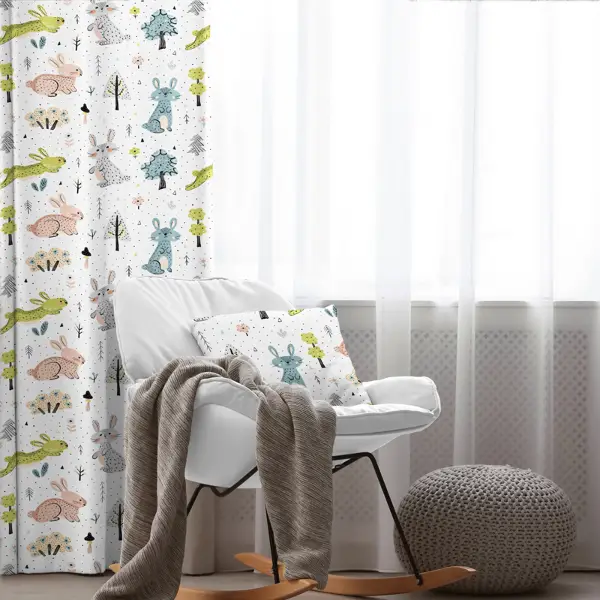 Kız, Erkek, Çocuk ve Bebek Odası Fon Perde - Orman ve Tavşan Desenli - Yavruağzı Gri Mavi Yeşil