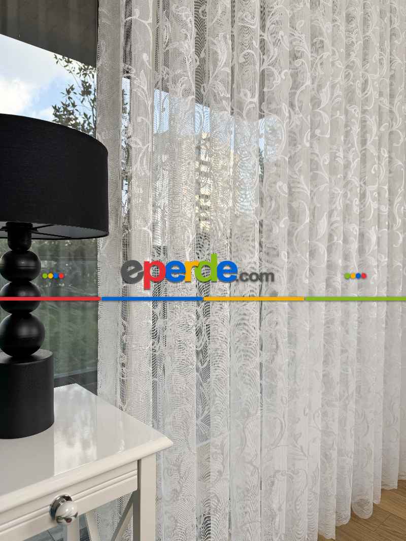 Sarmaşık Desenli Fransız Dantel Örme Tül Perde, Desenli Ütü İstemeyen Tül