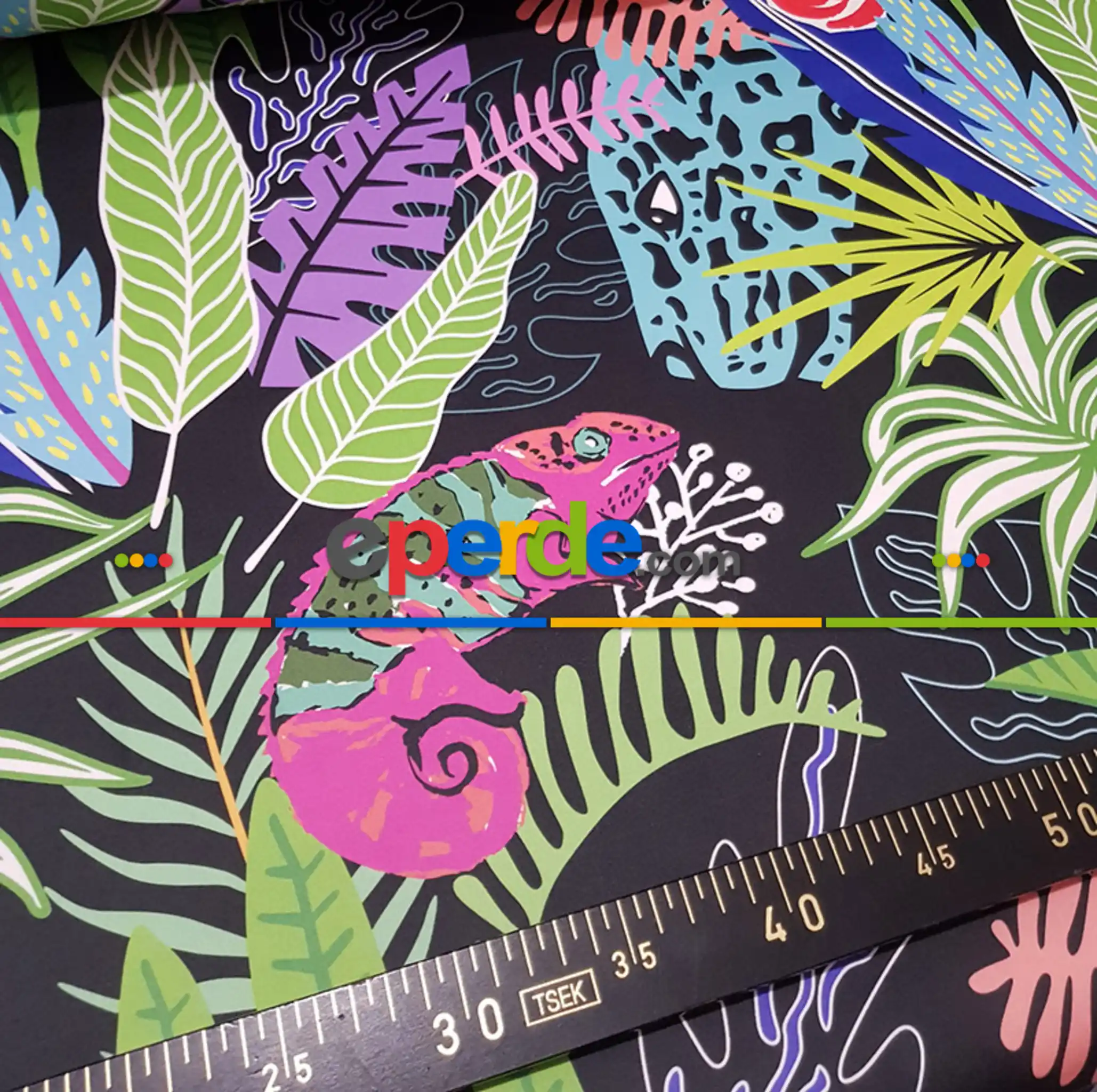 Tropikal Desenli Fon Perde Evm332 -t - Kumaşı Kalındır Duck Bezi Değildir.- Siyah-Yeşil-Mavi-Mor-Çok Renkli