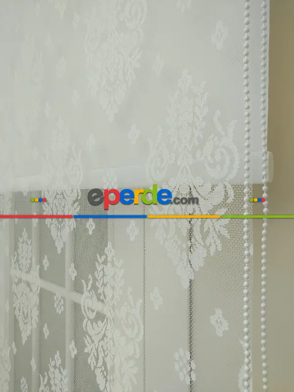 Jakar Örme Tül- Ekru Çiftli Sistem Dantel Desenli Perde- Ekru