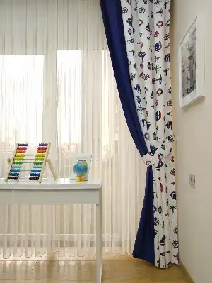 İki Renkli Çocuk Odası Fon Perde Denizci Çapa Desenli Kombinli- Mavi-Bordo