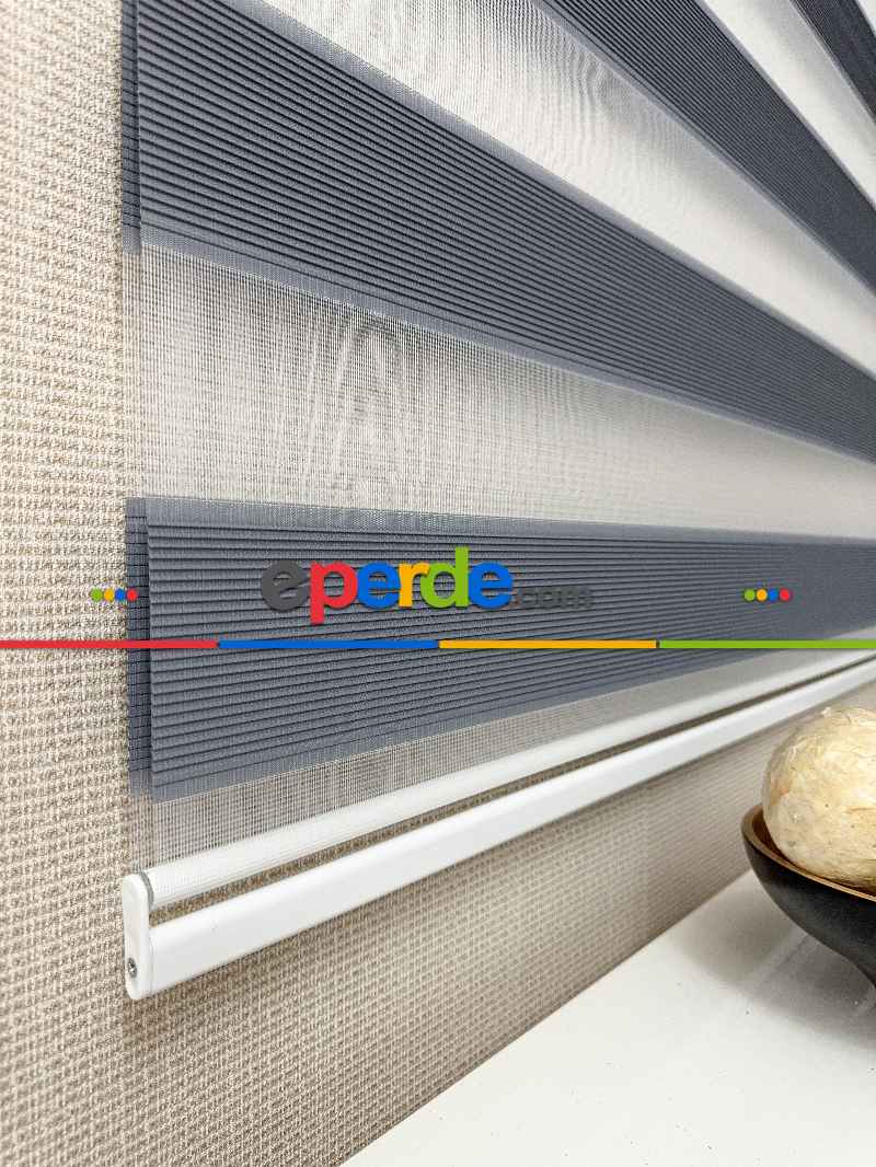 Salon Gri Mikro Sık Pliseli Zebra Perde, Standart Metal Kasalı Yüksek Kalite Kornişe Kolay Montaj Seçenekli