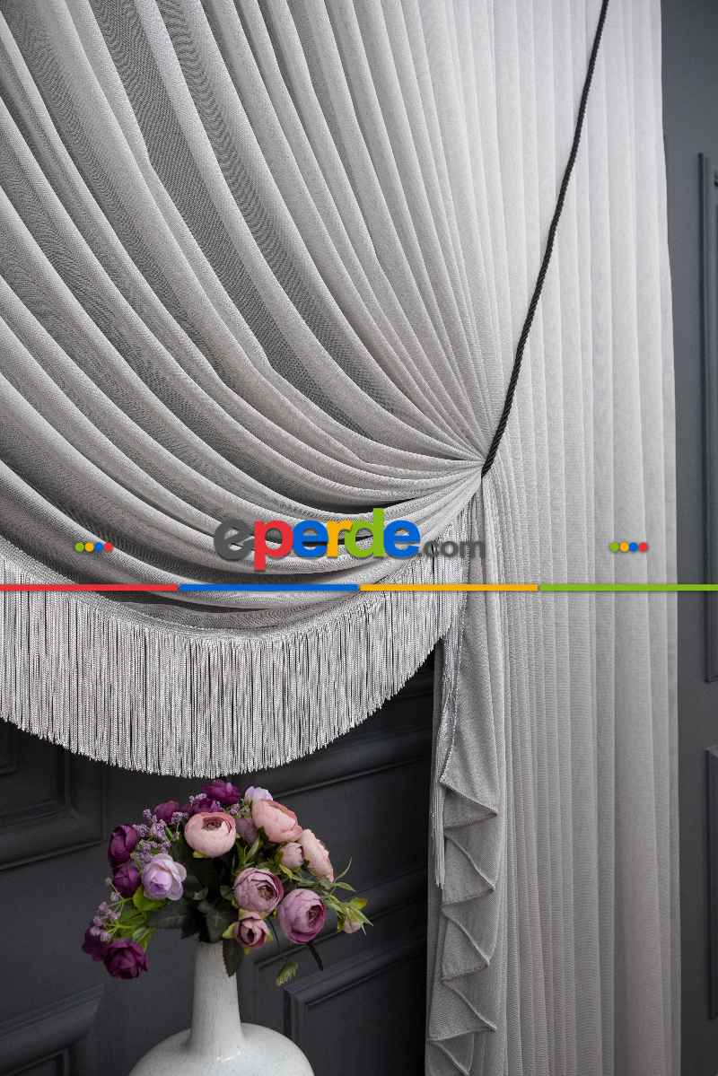Salon Tül - Gri Monalisa Yalancı Kruvaze - Halat İle Tülden Fon - Yana Toplamalı Tül - Kordon Toplama Tül - Çift Veya Tek Kanat - Aksesuar İlave Ücretlidir - Kurşunlu Tül