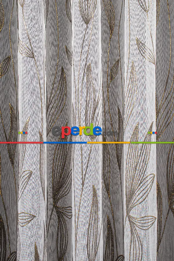 Salon - Altın/gümüş/bakır Kabartmalı Yaprak Desenli Tül Perde - Armür Dokuma Keten Efektli