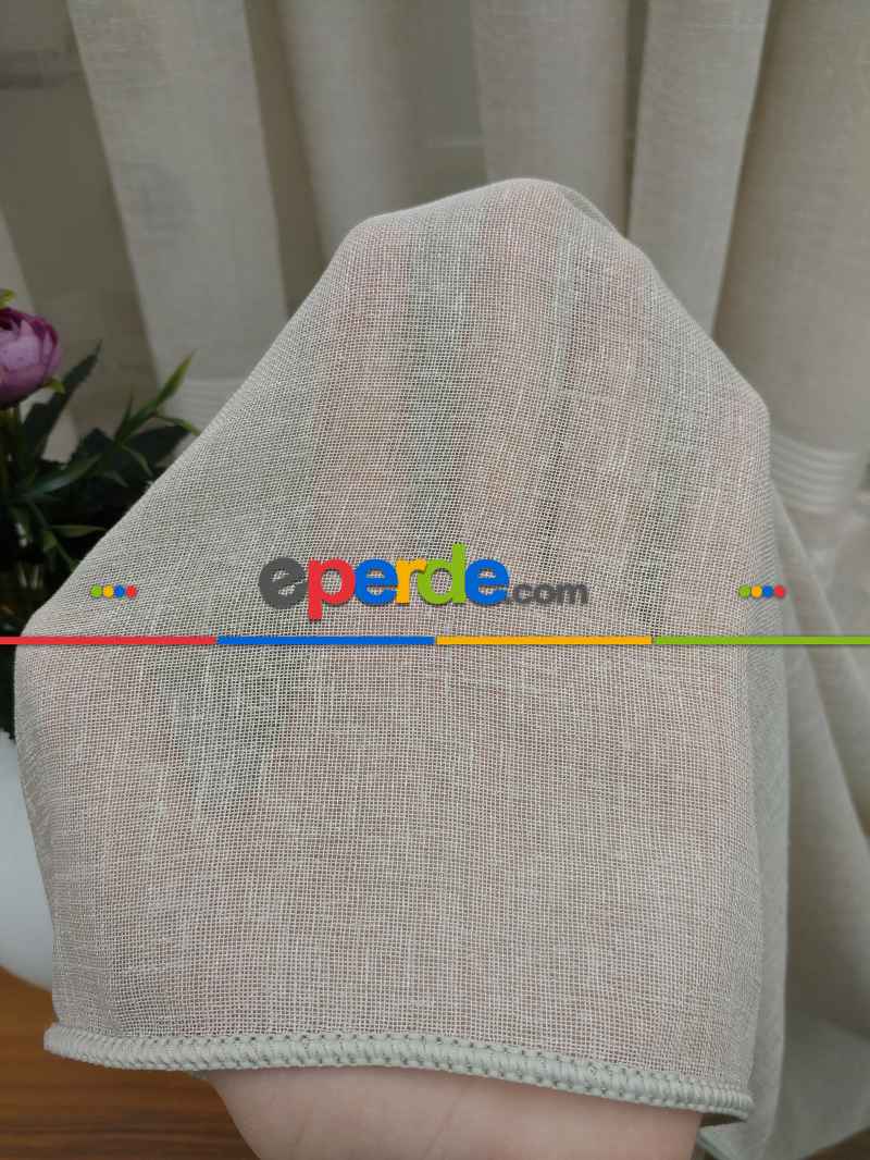 Koyu Krem - Keten Tül Perde- Krem Koyu - Kurşunlu Tül