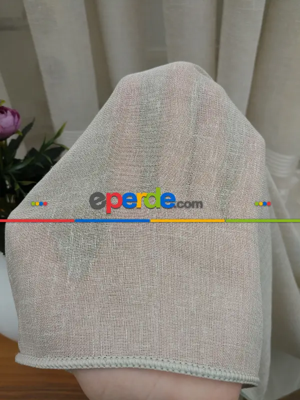 Salon Tül Perde - Koyu Krem - Keten Tül Perde- Krem Koyu