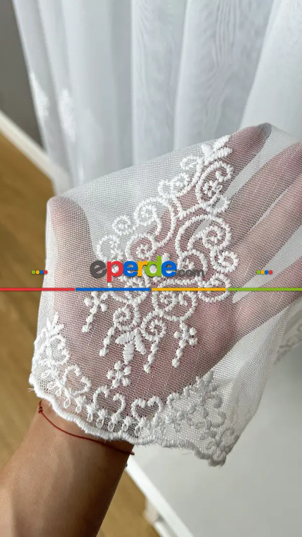 Ekru Özel Dokuma, Özel İplik Hafif Simli Brode İşlemeli Tül Perde - Ağır Gramajlı Premium Nakışlı