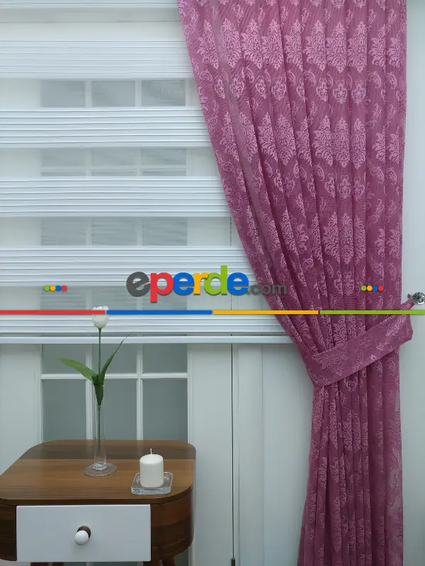 Tül Fon Perde- Gül Kurusu Damask Desenli- Gül Kurusu