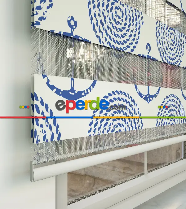 Bebek Odası Zebra Perde - Çapa Baskılı Zebra Perde- Mavi-Beyaz