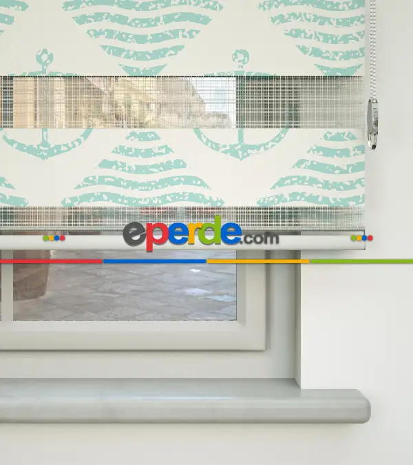 Bebek Odası Zebra Perde - Çapa Baskılı Zebra Perde- Krem Açık-Su Yeşili