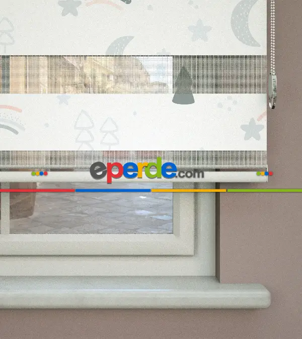 Gri Çam, Ay Ve Yıldız Desenli Baskılı Zebra Perde