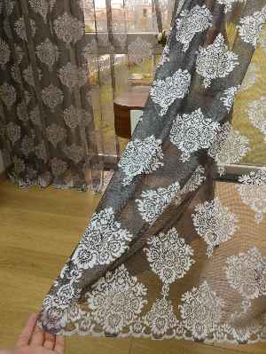 Damask Desenli Floş Örme Tül Perde- Siyah-Gri-Füme-Antrasit