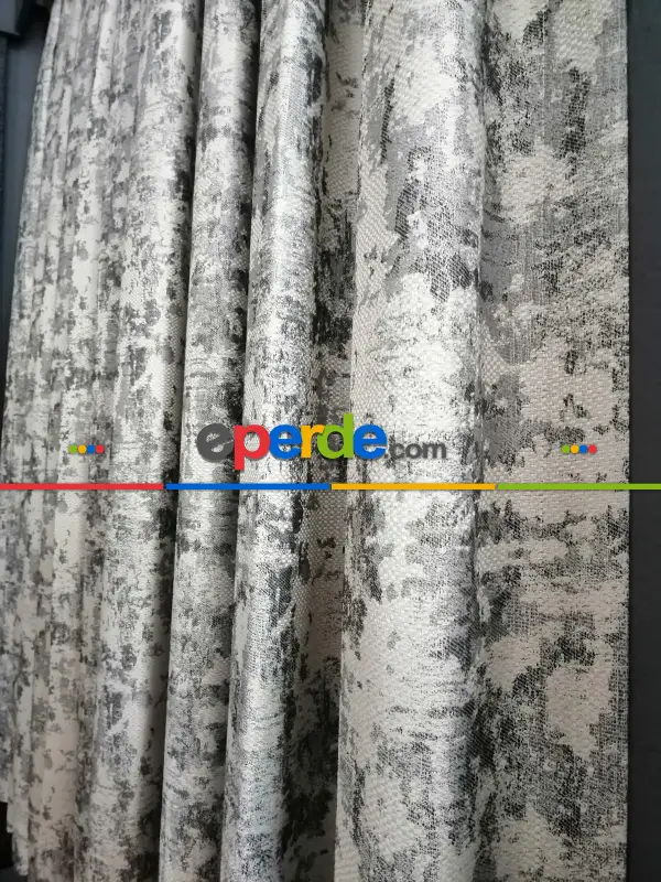 Salon - Patine Desenli Gri Desenli Jakar Fon Perde - Gri-füme-antrasit