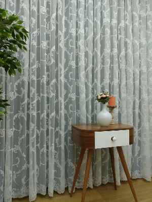 Salon İçin - Şal Desenli Özel Örme Dokulu Tül Perde - Ekru Renk - Kruvaze Model Dikiş Seçenekli - Ütü İstemez