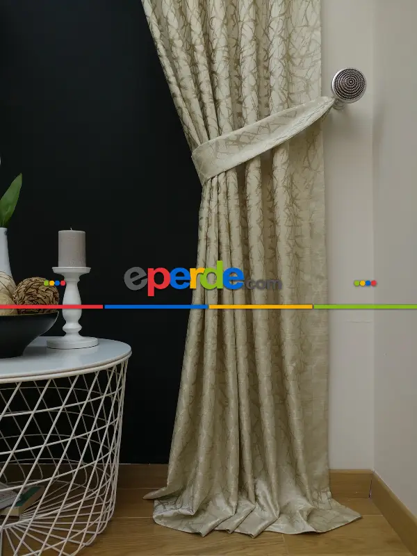 Salon Perdesi - Krem Desenli Jakar Fon Perde (geniş En:280 Kumaş)- Krem