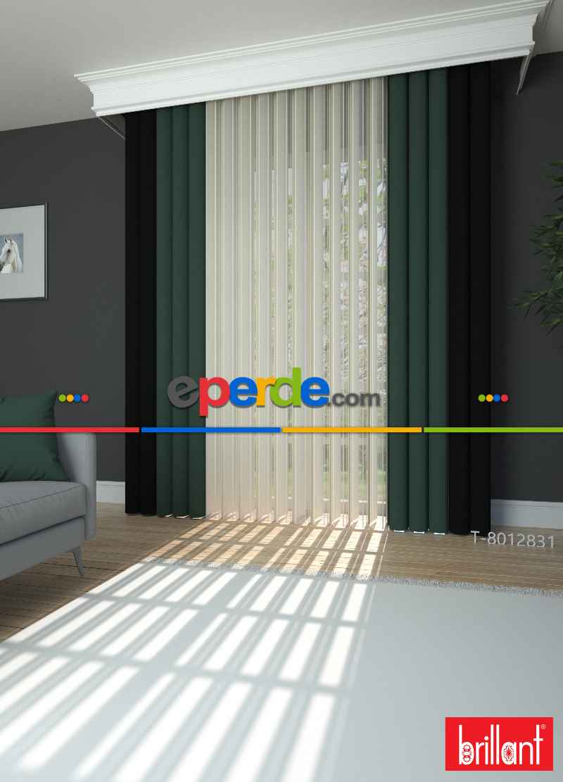 Brillant Akıllı Tül Siyah-koyu Yeşil Perde Tül Dikey Zebra Perde Düz 1. Kalite