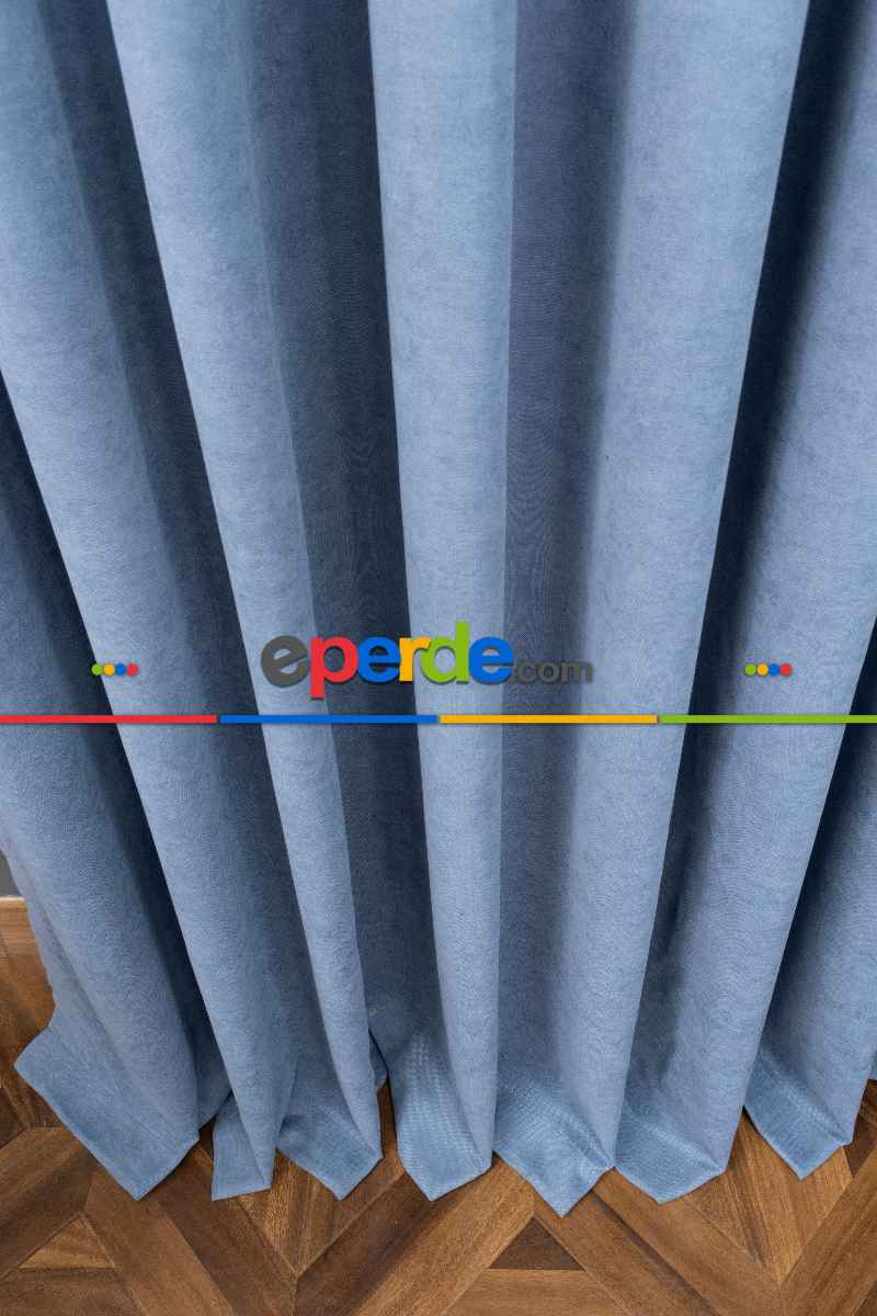 Bebek Odası - Mavi Rengi Düz Fon Perde Dökümlü Fon Perde