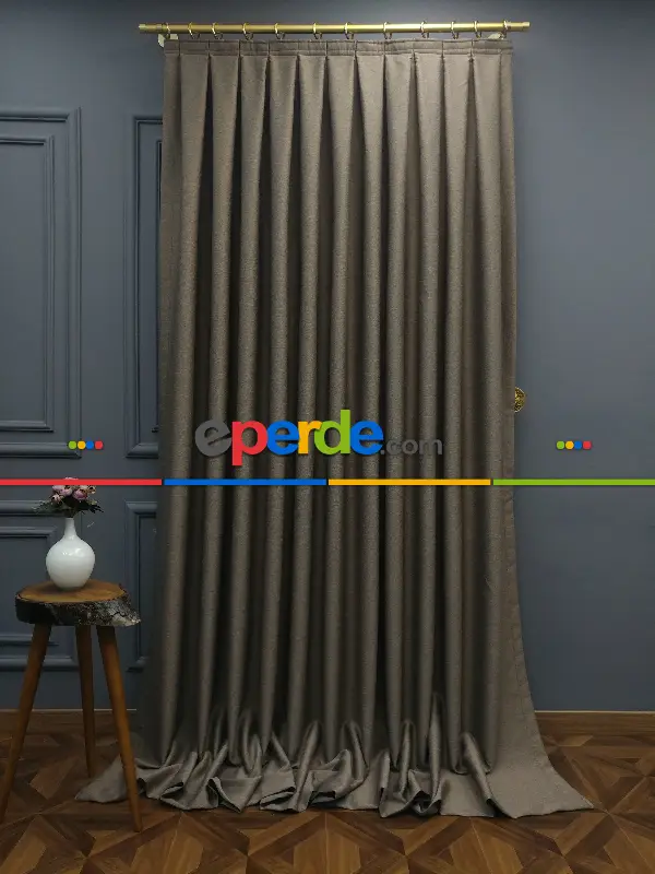 Yatak Odası - Modern Keten Görünümlü Işık Geçirmez Karatma Fon Perde 2021 Ikon- Kahve Koyu-vizon Rengi