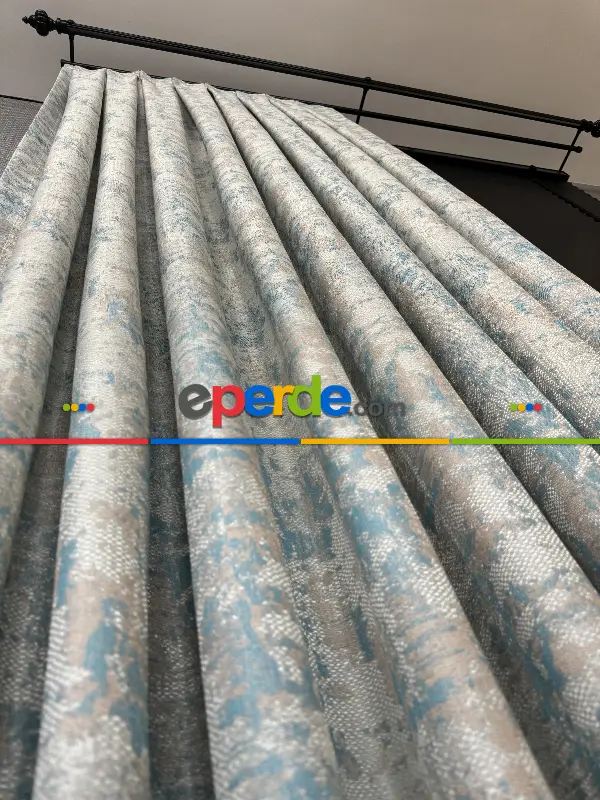 Yatak Odası - PatineDesenli Bej Turkuaz Desenli Jakar Fon Perde (180)- Turkuaz Yeşili Ara Renk