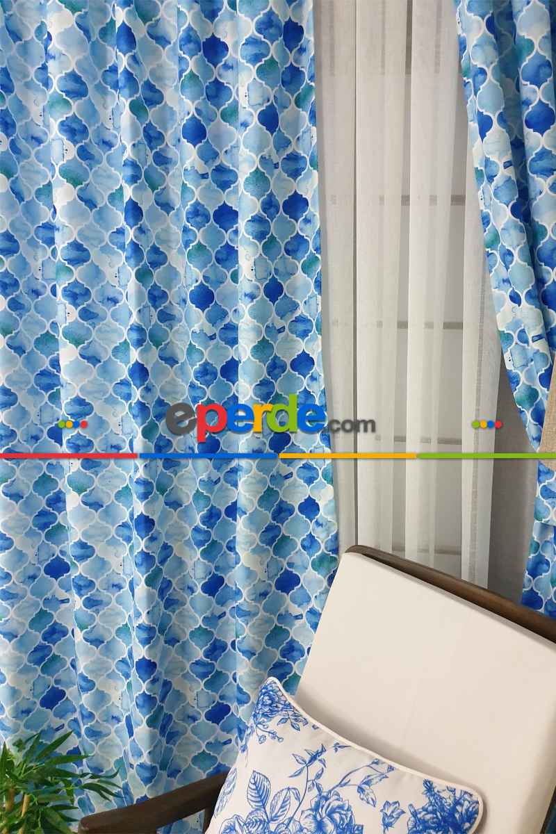 Yatak Odası - Mavi Geometrik Desenli Fon Perde Evm644 Kumaşı Kalındır Duck Bezi Değildir- Mavi-Beyaz