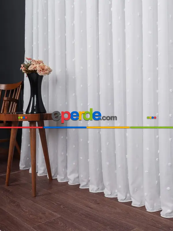 Ponpon Desenli Keten Düz Tül Perde Gramajlı