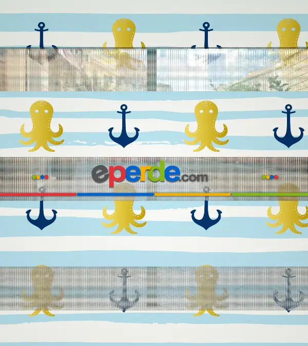 Bebek Odası Zebra Perde - Çapa Baskılı Zebra Perde- Lacivert-Mavi-Sarı-Beyaz