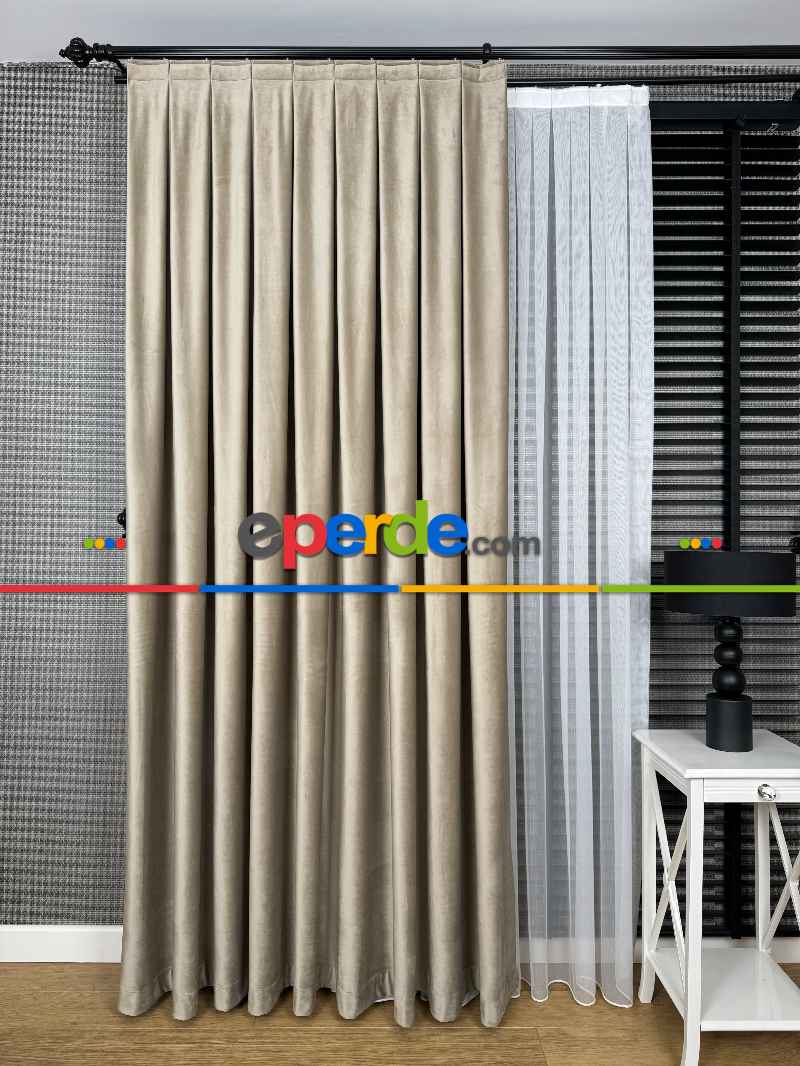 Yatak Odası - Bej İthal Kadife Fon Perde, Premium Kalite Serisi Kadife Fon Perde