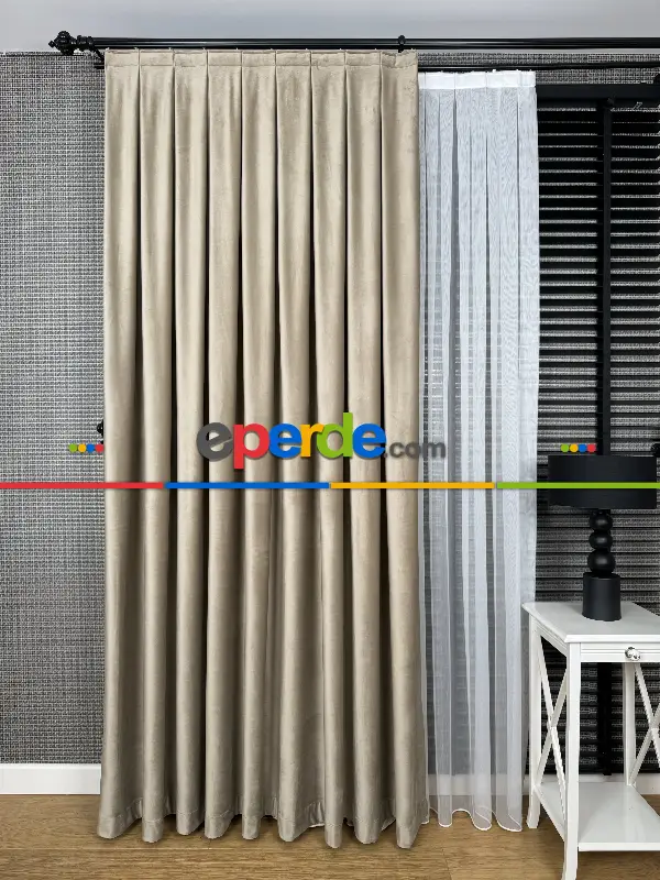 Yatak Odası - Bej İthal Kadife Fon Perde, Premium Kalite Serisi Kadife Fon Perde