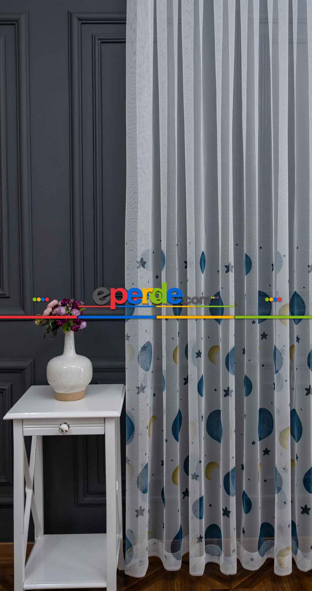 Hazır Ölçülü Petek Zemin Gece Mavisi Ve Sarı Renkli Gezegenler Desenli Grek Baskılı Tül Perde