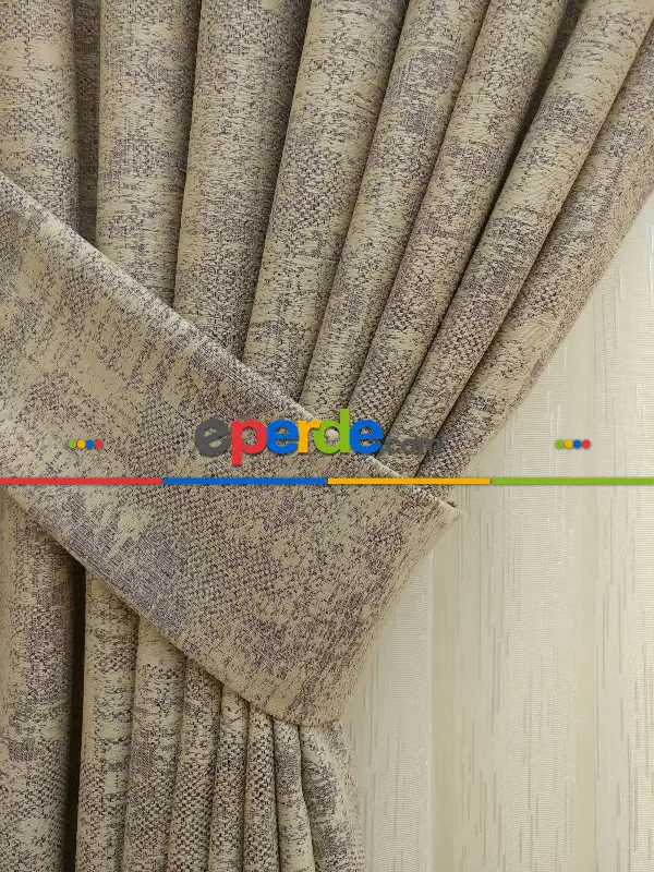 Mürdüm Krem- Düz Jakar Fon Perde (180)- Krem-Mürdüm