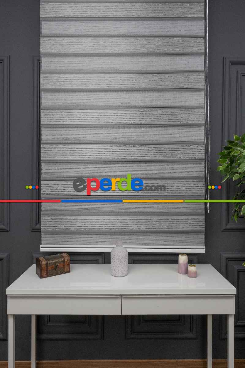 Oturma Odası - Gri Zebra Perde - Yarım Plise - Geniş Pileli Zebra Perde