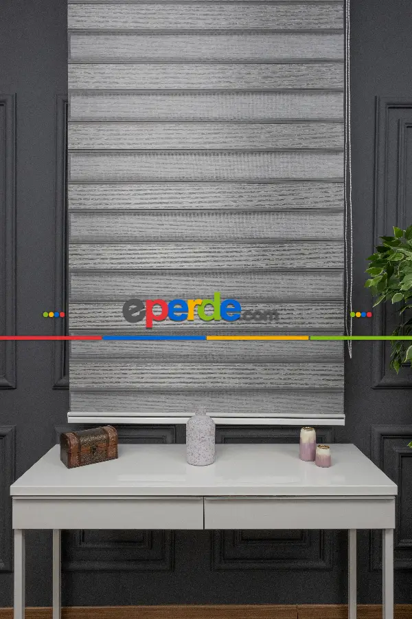 Gri Zebra Perde - Yarım Plise - Geniş Pileli Zebra Perde